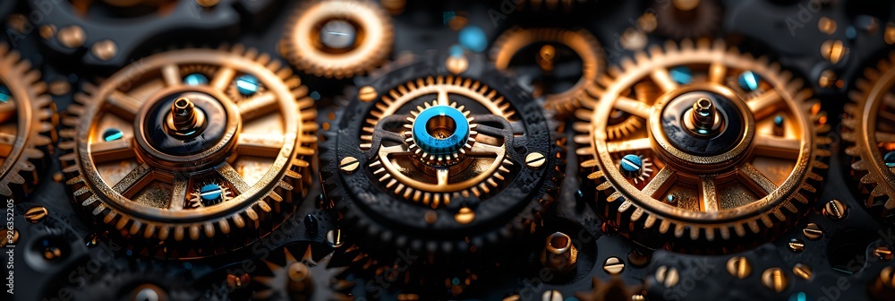 A close up of a gear mechanism with hundreds of gears, bolts, valves and other small details, some parts are made of gold with engraving. A close up of a gear mechanism with hundreds of gears, bolts, valves and other small details, some parts are made of gold with engraving.