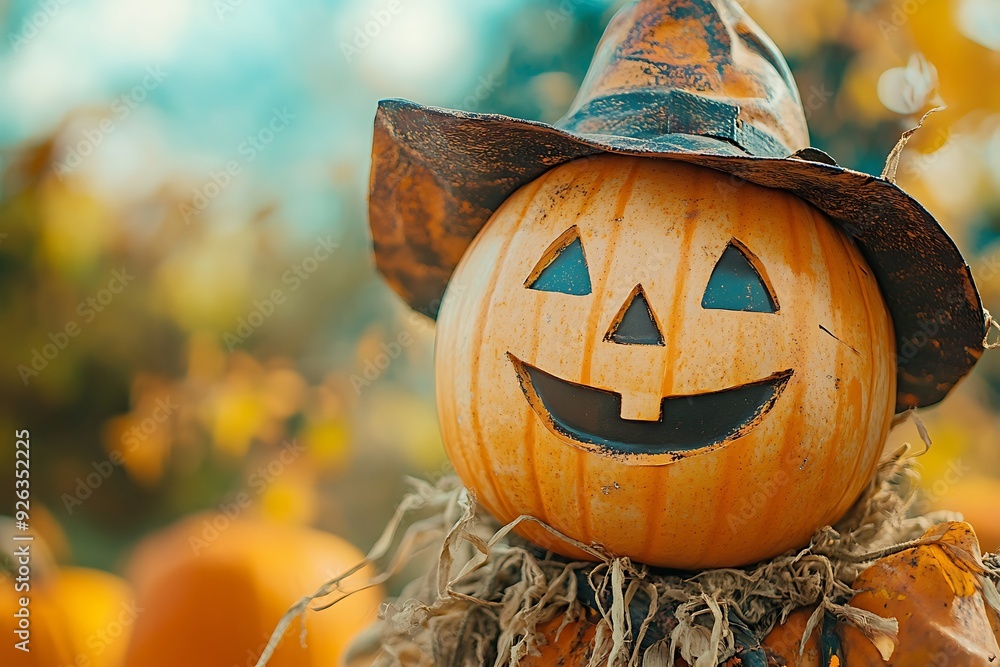 Fototapeta premium Close-up of a smiling pumpkin scarecrow in a pumpkin patch, symbolizing autumn harvest and festive Halloween decoration