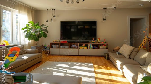 Cozy Family Living Room with Large TV and Natural Light
