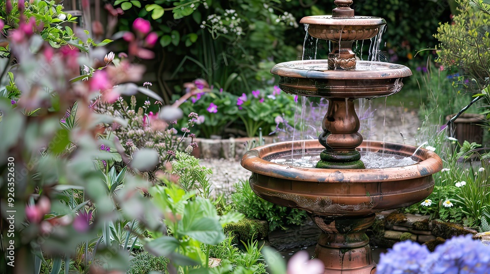 Rustic copper garden fountain with a patina finish, nestled in a charming cottage garden with blooming plants. Rustic copper garden fountain with a patina finish, nestled in a charming cottage garden with blooming plants.