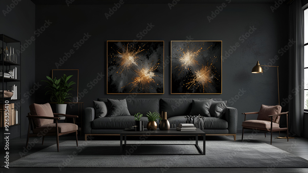 Mid-century home interior design of modern living room. black sofa and chair against grey wall with three art frames Mid-century home interior design of modern living room. black sofa and chair against grey wall with three art frames