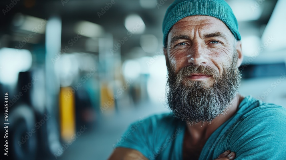 A bearded man wearing a green beanie, smiling confidently with his arms folded in the foreground. The background is blurred, highlighting the industrial setting. A bearded man wearing a green beanie, smiling confidently with his arms folded in the foreground. The background is blurred, highlighting the industrial setting.