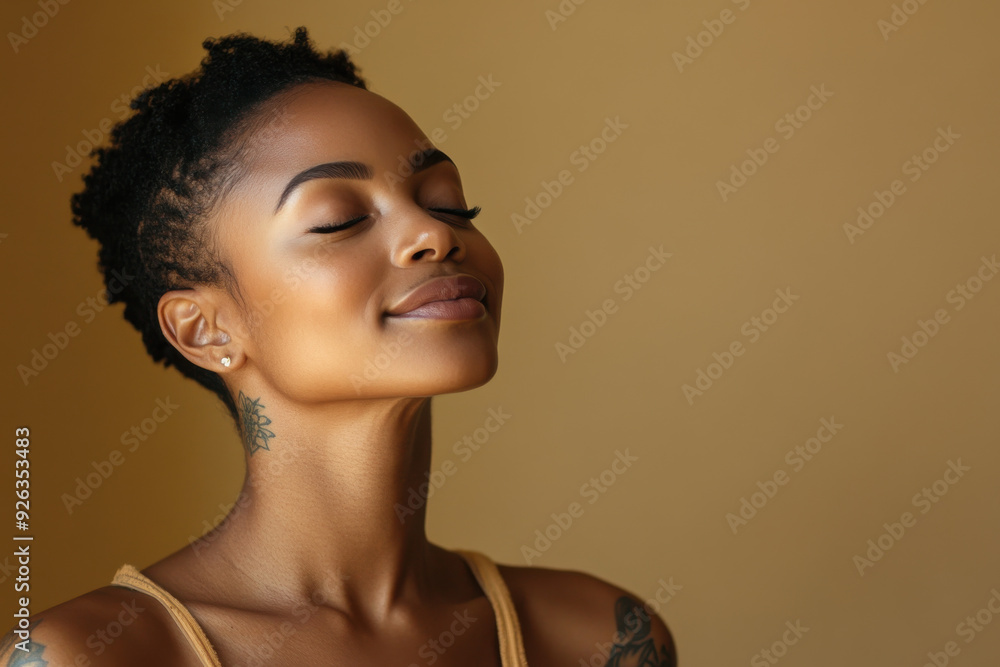 A close up of a tattooed black woman's face with her eyes closed A close up of a tattooed black woman's face with her eyes closed