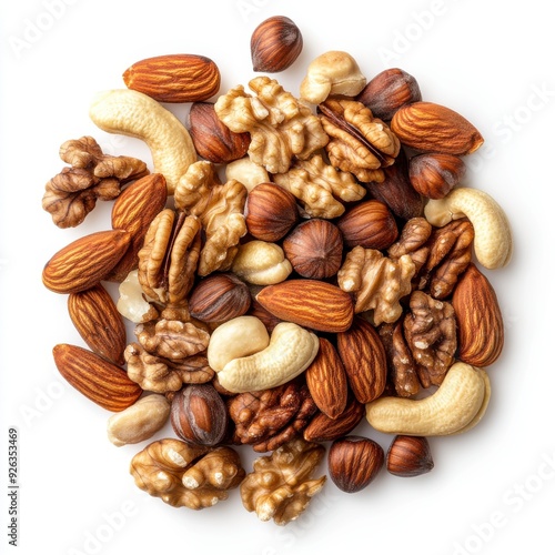 A mixture of almonds, cashews, walnuts and hazelnuts on a white background.