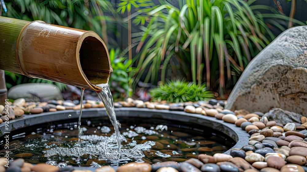 Zen garden fountain with a simple bamboo spout and tranquil water flow, surrounded by pebbles and ornamental grasses. Zen garden fountain with a simple bamboo spout and tranquil water flow, surrounded by pebbles and ornamental grasses.