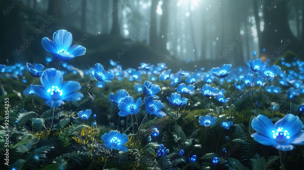 Glowing Blue Flowers in a Dark Forest Glowing Blue Flowers in a Dark Forest