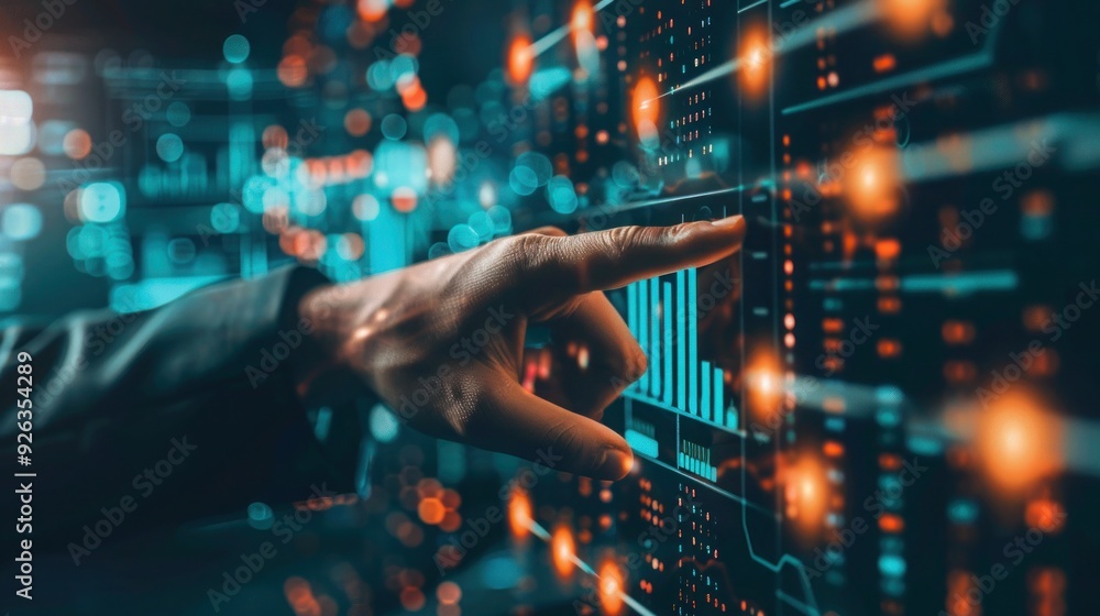 Hand Interacting with Digital Financial Data on Futuristic Interface Hand Interacting with Digital Financial Data on Futuristic Interface