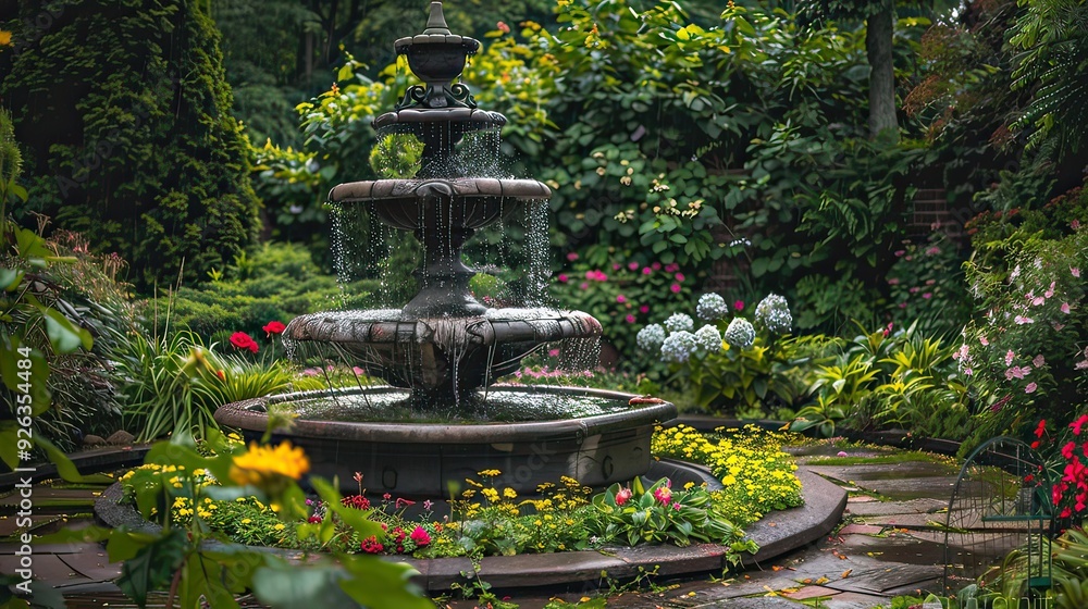 Elegant stone garden fountain surrounded by lush greenery and colorful flowers. Elegant stone garden fountain surrounded by lush greenery and colorful flowers.