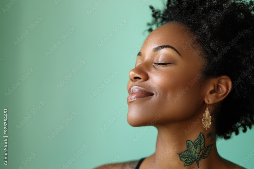 A close up of a tattooed black woman's face with her eyes closed A close up of a tattooed black woman's face with her eyes closed