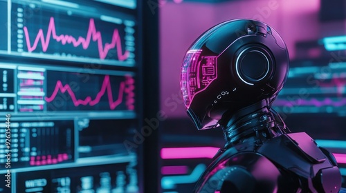 Cyberpunk AI Robot Analyzing Financial Data on Digital Screens