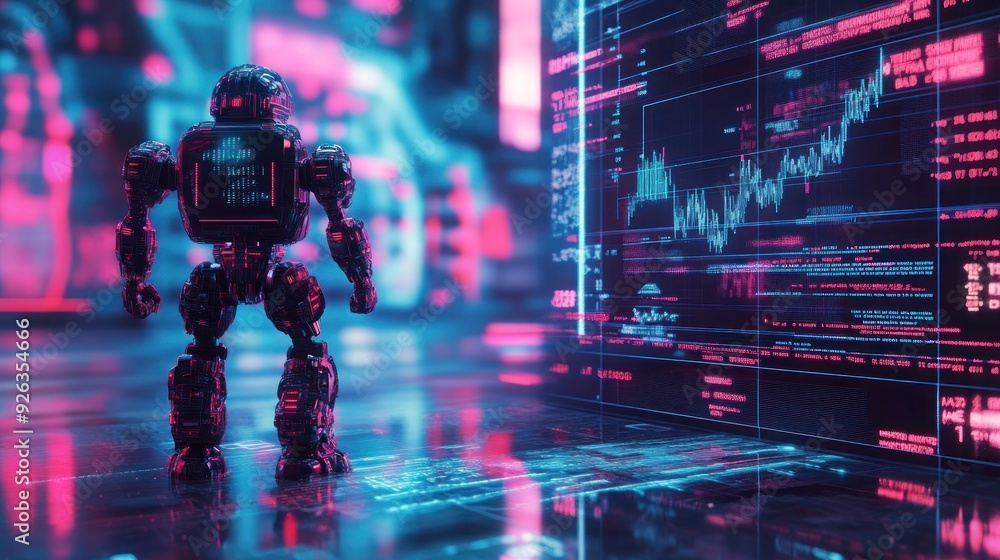Cyberpunk AI Robot Analyzing Financial Data on Digital Screens Cyberpunk AI Robot Analyzing Financial Data on Digital Screens