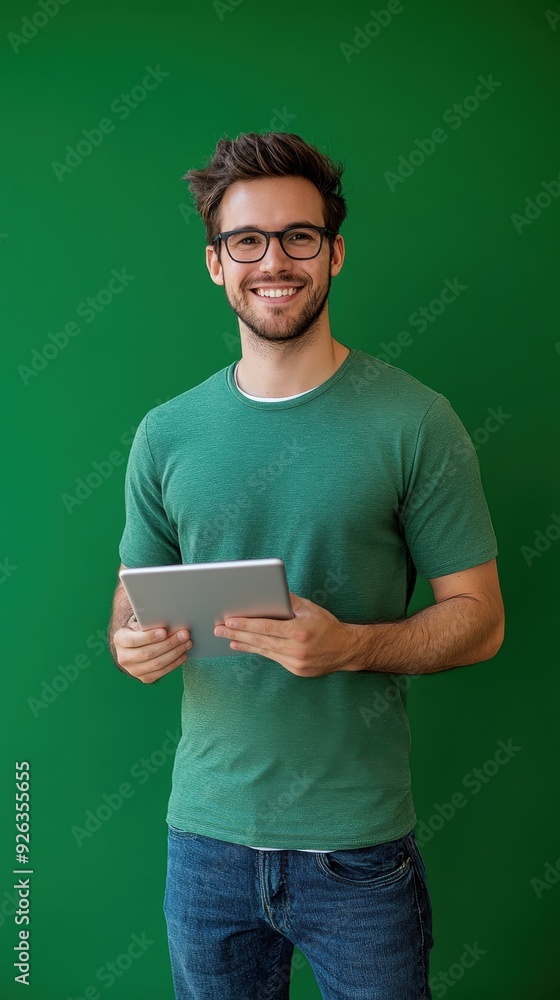 A young man stands smiling while holding a tablet against a vibrant green backdrop A young man stands smiling while holding a tablet against a vibrant green backdrop