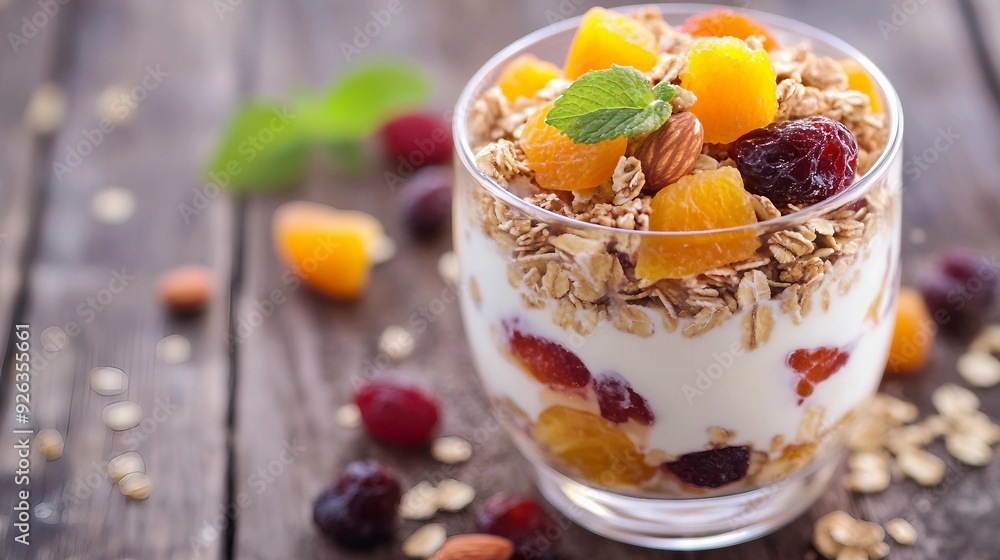 Nutritious Breakfast Delight: Granola Yogurt Fruit Parfait with Crunchy Nuts and Dried Fruits Nutritious Breakfast Delight: Granola Yogurt Fruit Parfait with Crunchy Nuts and Dried Fruits