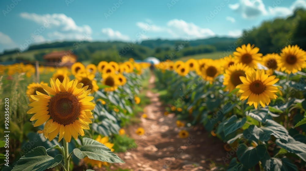 Fototapeta premium A Single Sunflower Facing the Sun in a Field of Sunflowers