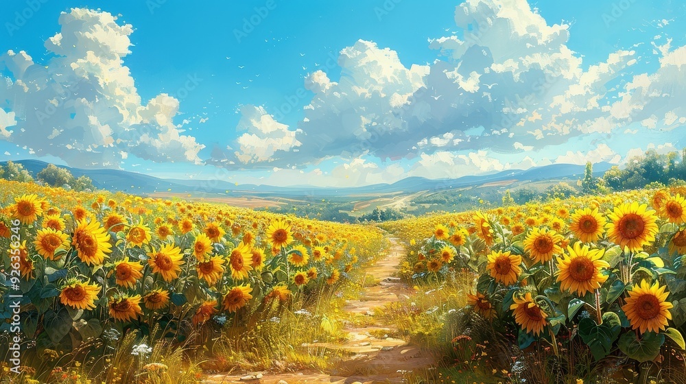 Fototapeta premium A Path Through a Field of Sunflowers Under a Blue Sky