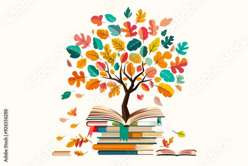 Books transform into leaves on tree of knowledge symbolizing growth and education learning mindset, 2d illustration on white background photo