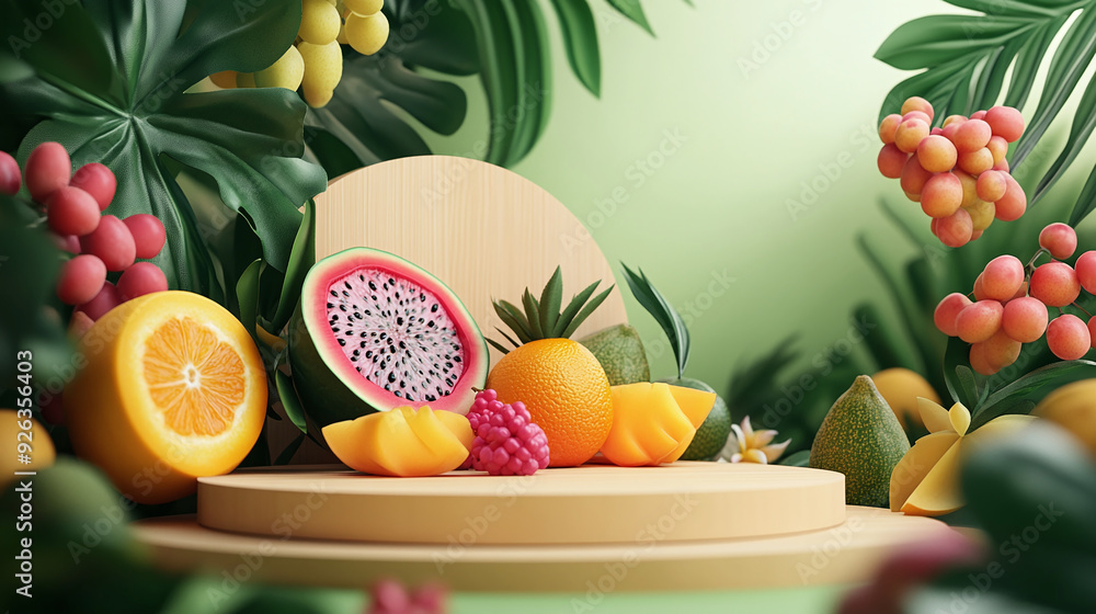 Bright Background Featuring Tropical Fruits and Foliage, Showcasing Their Natural Freshness Bright Background Featuring Tropical Fruits and Foliage, Showcasing Their Natural Freshness