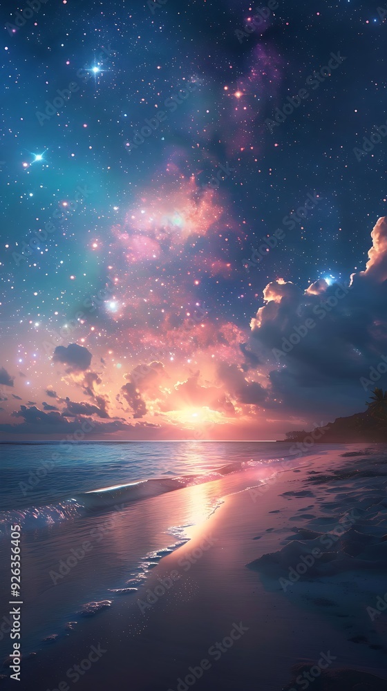 Obraz premium A beautiful sunset over the ocean with a palm tree in the background. The sky is filled with stars and the water is calm. Landscape wallpapers.