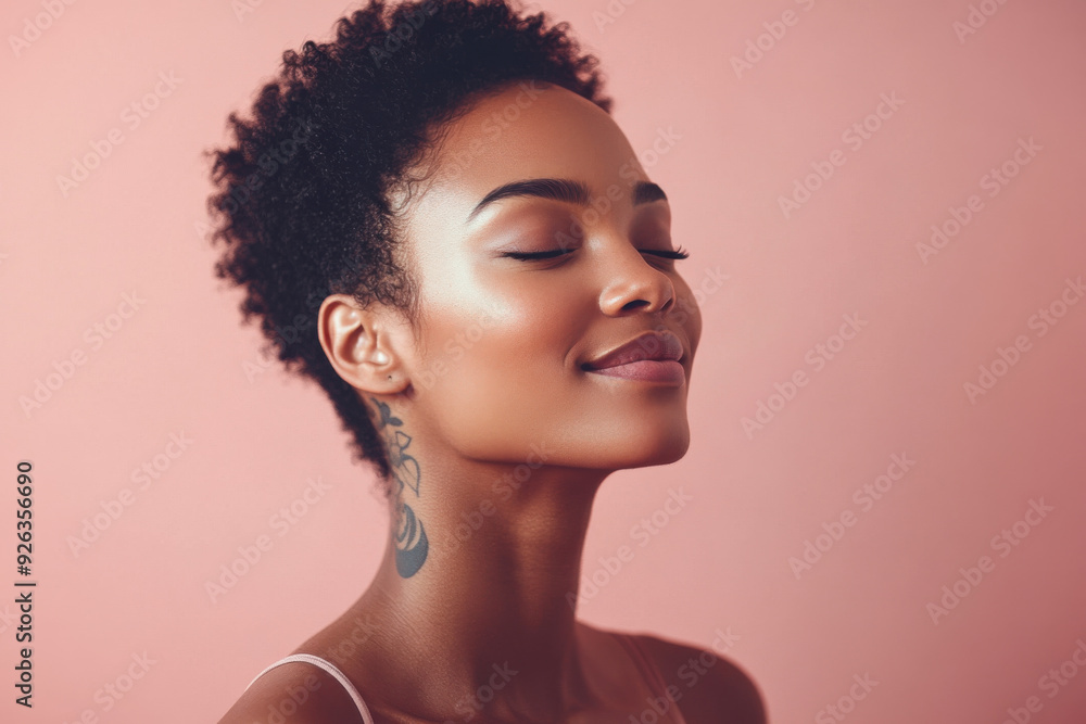 A close up of a tattooed black woman's face with her eyes closed A close up of a tattooed black woman's face with her eyes closed