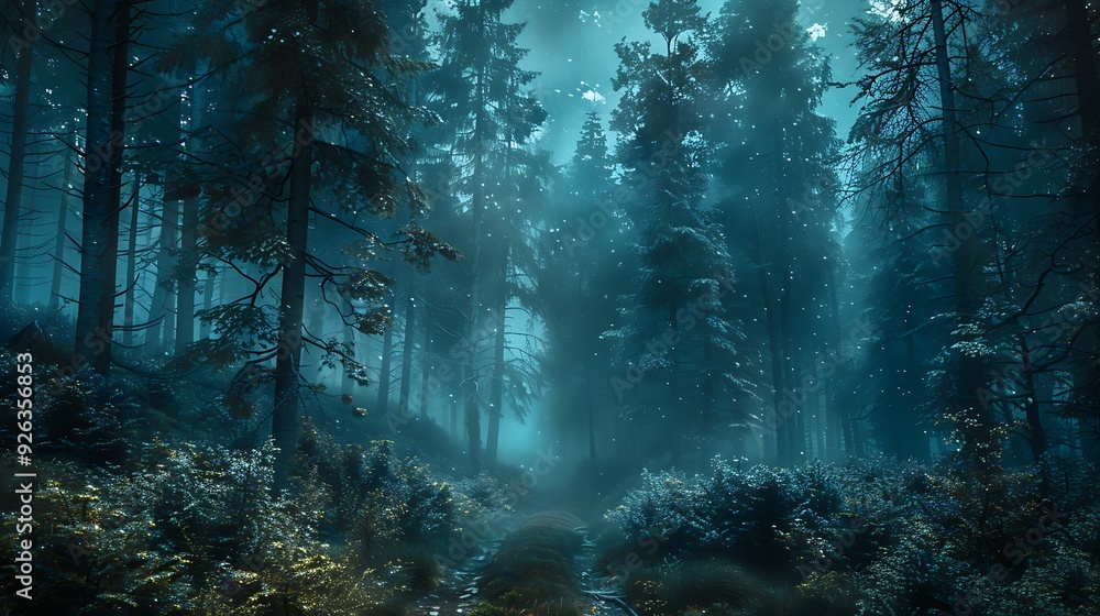 Fototapeta premium A magical forest with sunlight shining through the trees. Landscape wallpapers