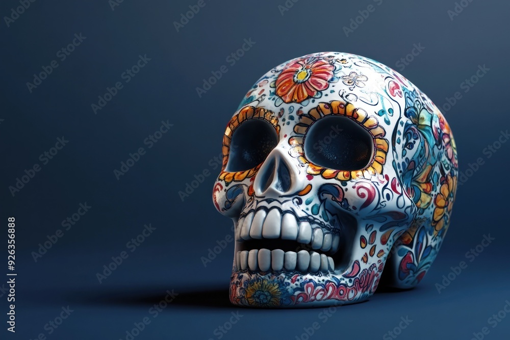 Ornate Sugar Skull with Floral Motifs on a Blue Background Ornate Sugar Skull with Floral Motifs on a Blue Background