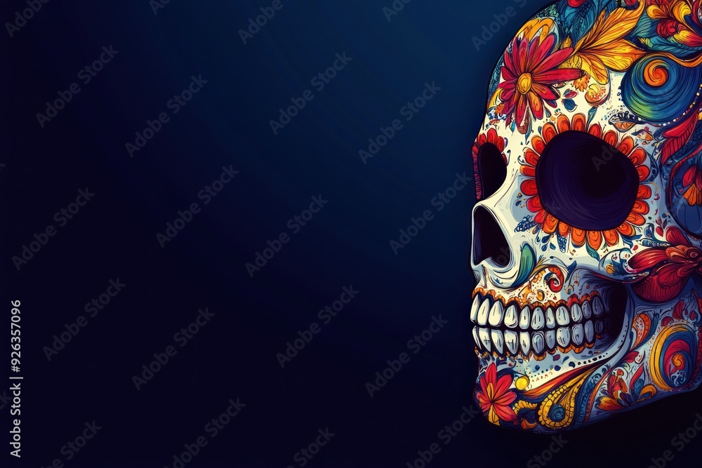 Ornate Floral Sugar Skull Against Dark Background Ornate Floral Sugar Skull Against Dark Background
