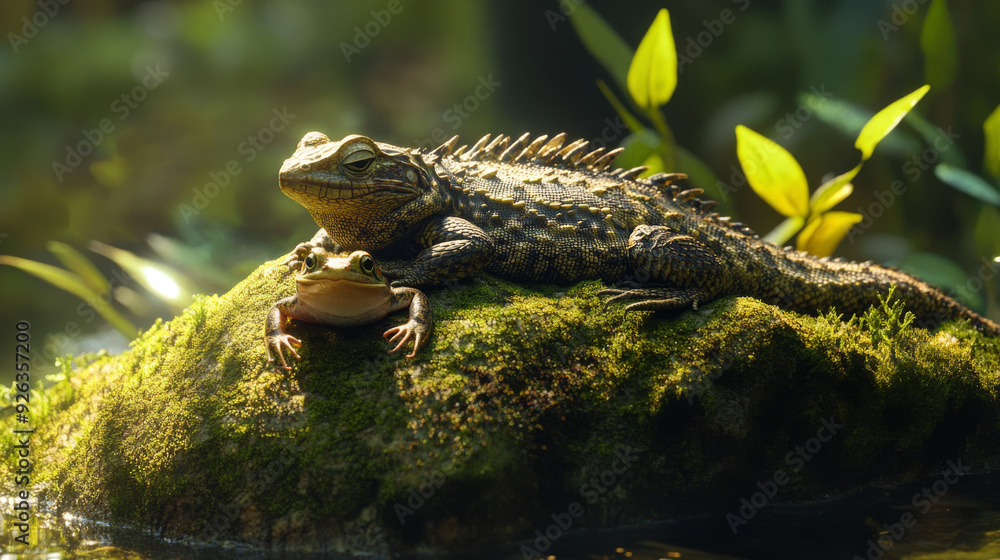 A lizard called Calotes versicolor is basking in the sun on a mossy rock with a plump frog. --ar 16:9 --v 6.1 Job ID: 5a969708-8fe6-4d34-a8ee-8f138a63fc2b A lizard called Calotes versicolor is basking in the sun on a mossy rock with a plump frog. --ar 16:9 --v 6.1 Job ID: 5a969708-8fe6-4d34-a8ee-8f138a63fc2b