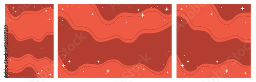 Stylized Magic Red Sky with Flowing Wavy Patterns and Shining Stars. Set of Wide, Square and Vertical Formats