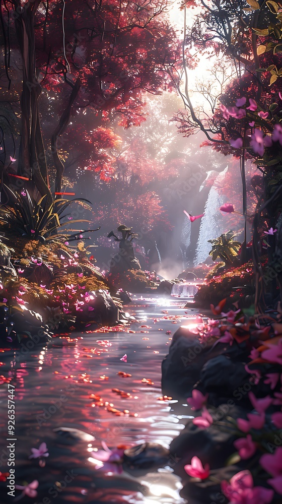 Fototapeta premium A magical forest with sunlight shining through the trees. Landscape wallpapers