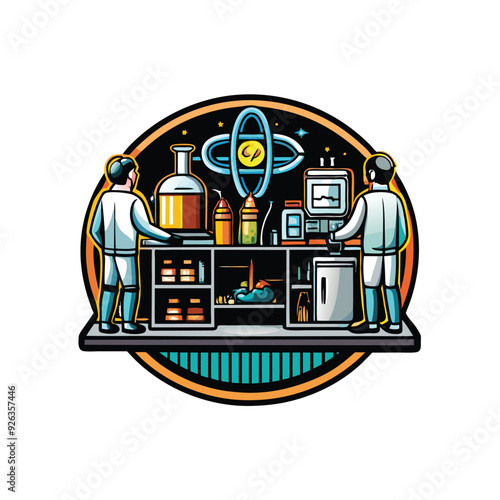 Vector design of an energy research lab with scientists working on a futuristic project.