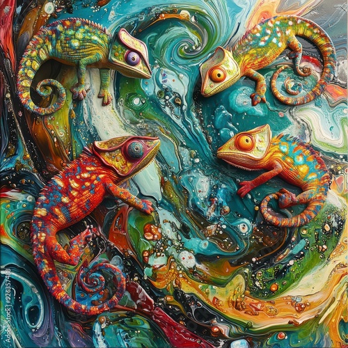 Wallpaper Mural Abstract painting featuring four colorful chameleons against a swirling, vibrant background. Torontodigital.ca