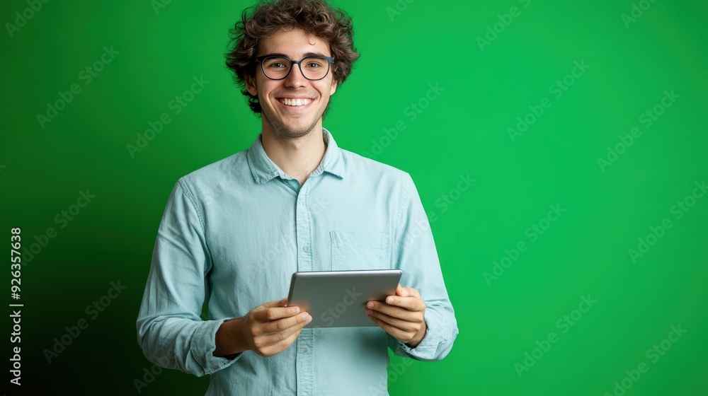 A cheerful young man stands with a tablet, smiling against a green backdrop in a studio environment A cheerful young man stands with a tablet, smiling against a green backdrop in a studio environment