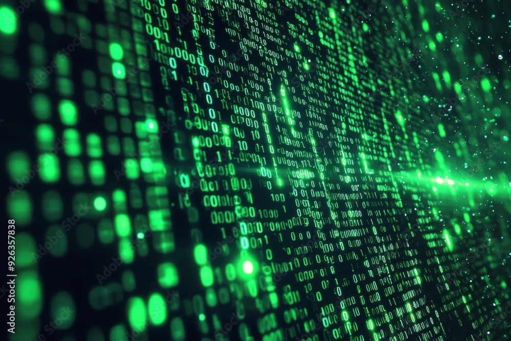 Green Dark Binary Code with Data Streaming Background created with Generative AI Green Dark Binary Code with Data Streaming Background created with Generative AI