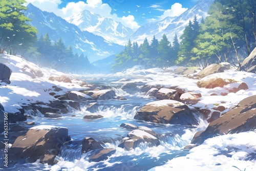 Snow-Capped Mountain Majesty and River Scenery Under a Clear Sky: A 13-Piece Anime Series Capturing the Essence of Winter Wonders,Anime Comic Style Art.For Poster,Novel,UI,WEB,Game,Design,book illustr photo