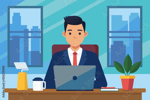 Business man at his desk is working on the laptop computer.

