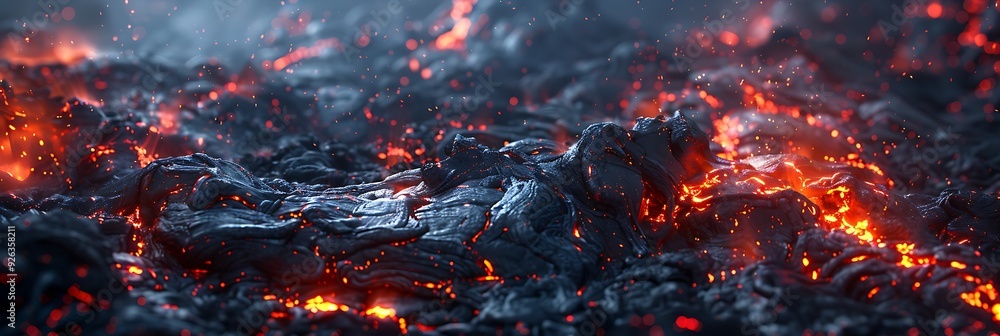 A lava flow with a red glow. The lava is flowing down a rocky hillside. The scene is intense and dramatic A lava flow with a red glow. The lava is flowing down a rocky hillside. The scene is intense and dramatic