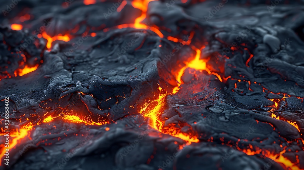 A lava flow with a red glow. The lava is flowing down a rocky hillside. The scene is intense and dramatic A lava flow with a red glow. The lava is flowing down a rocky hillside. The scene is intense and dramatic