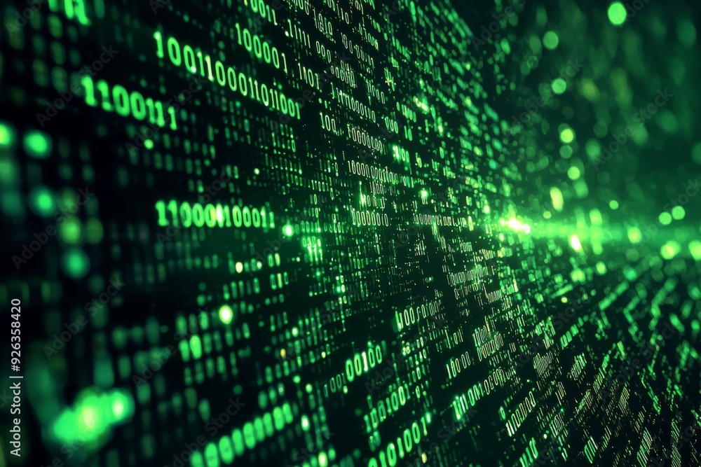 Green Dark Binary Code with Data Streaming Background created with Generative AI Green Dark Binary Code with Data Streaming Background created with Generative AI