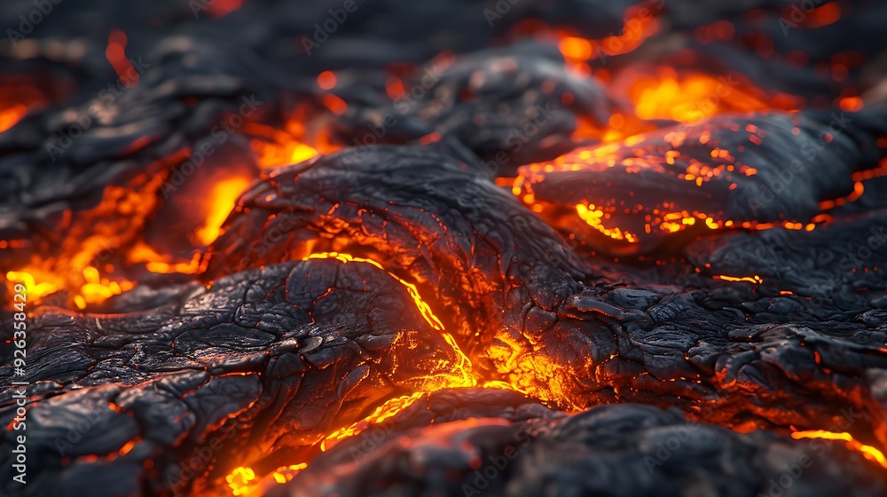 A lava flow with a red glow. The lava is flowing down a rocky hillside. The scene is intense and dramatic A lava flow with a red glow. The lava is flowing down a rocky hillside. The scene is intense and dramatic