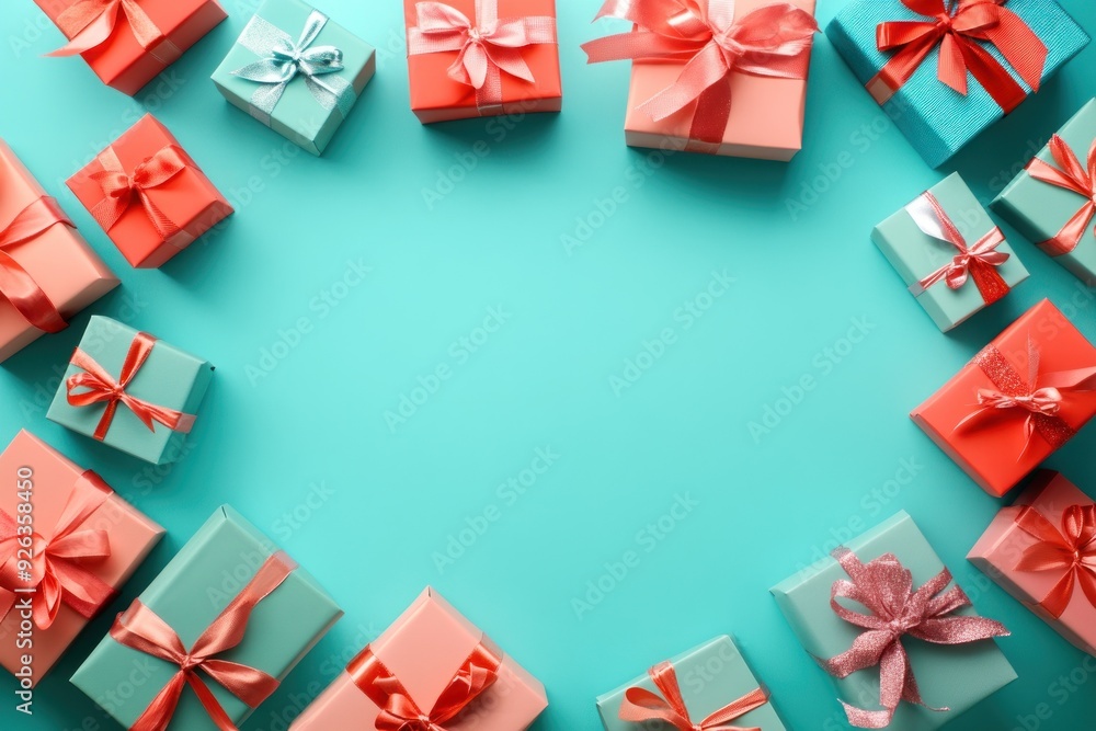 A Frame of Colorful Gift Boxes with Bows on Turquoise Background A Frame of Colorful Gift Boxes with Bows on Turquoise Background