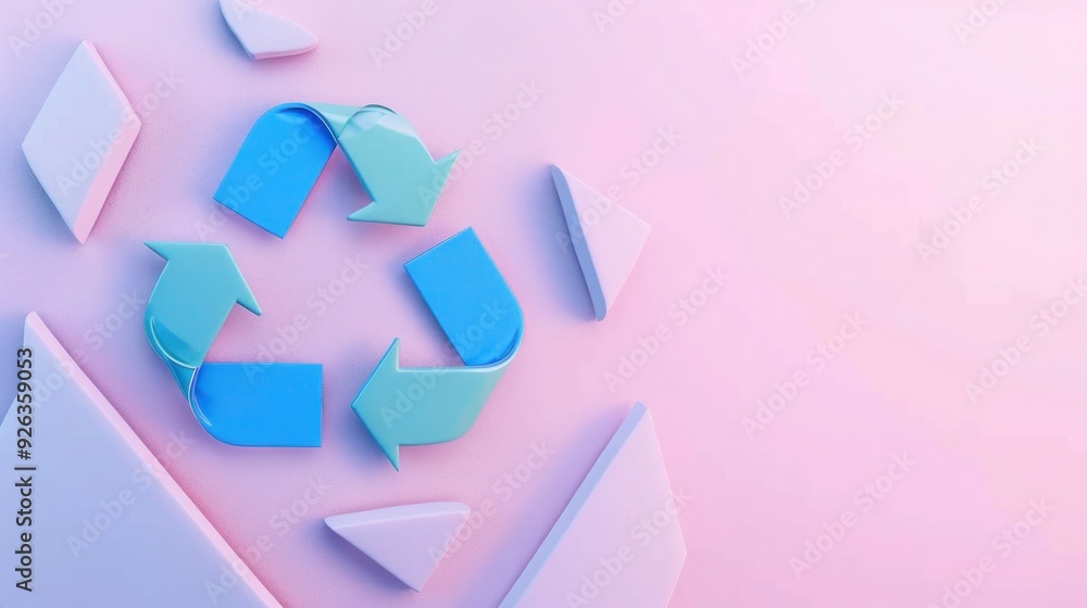 Abstract Blue Recycle Symbol on Pink Background with Geometric Shapes Abstract Blue Recycle Symbol on Pink Background with Geometric Shapes