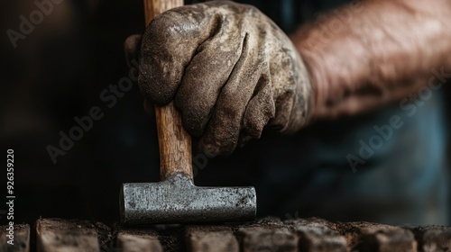 A close-up view showing a rugged hand in heavy-duty gloves gripping and using a metal hammer tool, emphasizing manual labor and craftsmanship with rich textures.