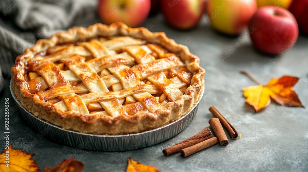 Warm Homemade Apple Pie with Cinnamon, Focus on Fresh Ripe Apples in Background Warm Homemade Apple Pie with Cinnamon, Focus on Fresh Ripe Apples in Background
