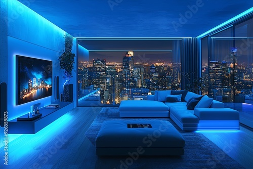 A modern living room illuminated by blue lights, offering a stunning city view at night, perfect for relaxation and entertainment.