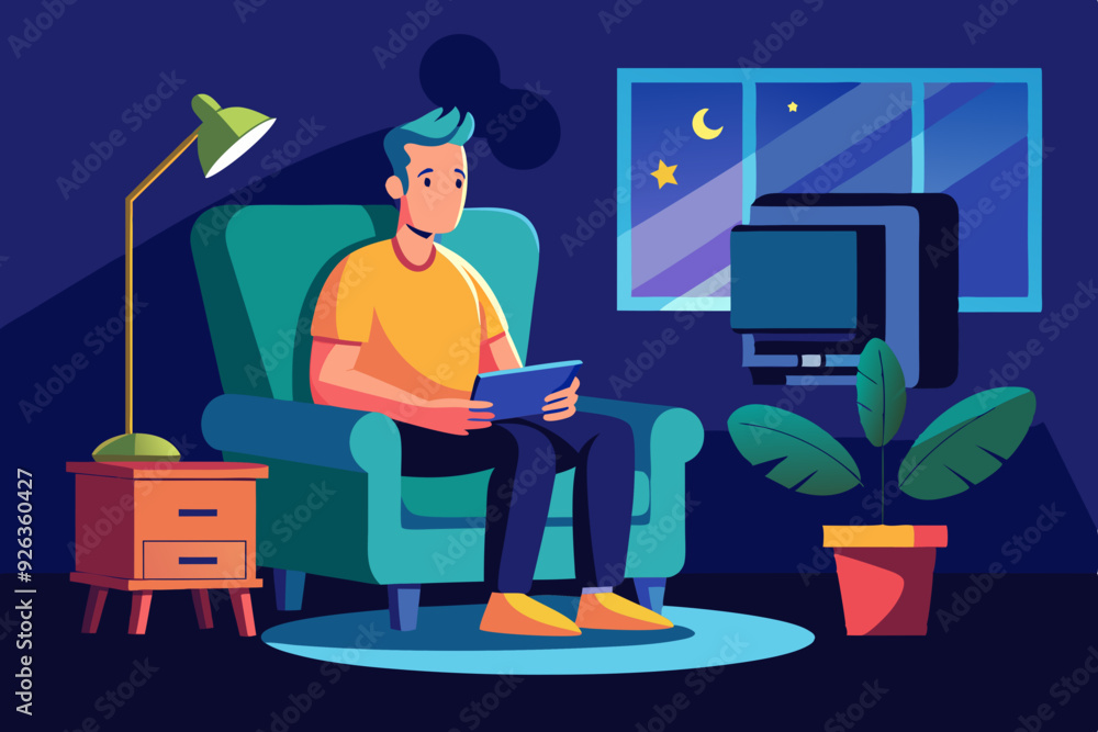 Man watches TV while sitting in a chair. View your favorite television show or movie
Man watches TV while sitting in a chair. View your favorite television show or movie