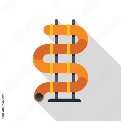 Orange spiral water slide is standing on four pillars, casting a long shadow on the ground