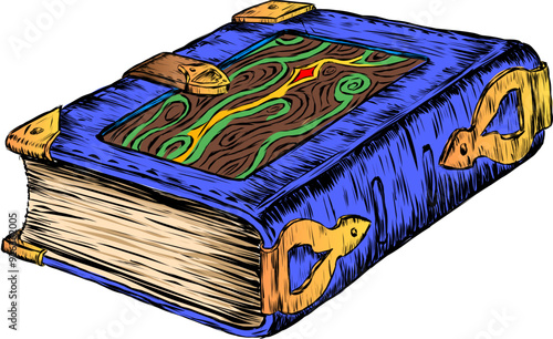 A thick blue book edged with copper corners in a stitched leather binding made of tanned leather of now non-existent magical animals. Vector illustrationA thick blue book edged with copper corners in