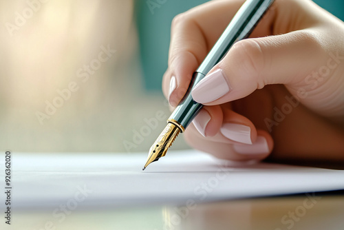 Close-up of a woman's hand with a pen signing a contract, in a soft-focus photography style. This image was the winner of a stock photo contest, with high resolution and detail on the document