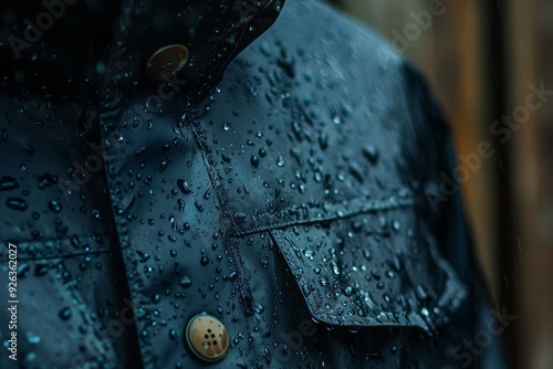 Close-up of a rain-soaked raincoat against weathered wood with mist enveloping the surroundings photo