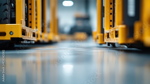 A meticulously organized warehouse aisle featuring vibrant yellow wheeled machinery arranged in parallel lines, reflecting light off the pristine floor surface. photo